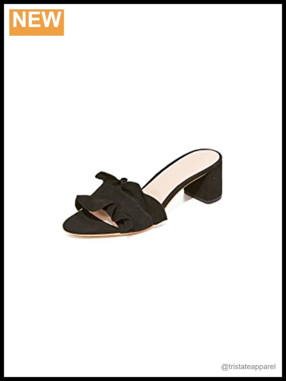 Loeffler Randall Vera Ruffle Sandal Mule Mid Heel Ankle Strap Slip On